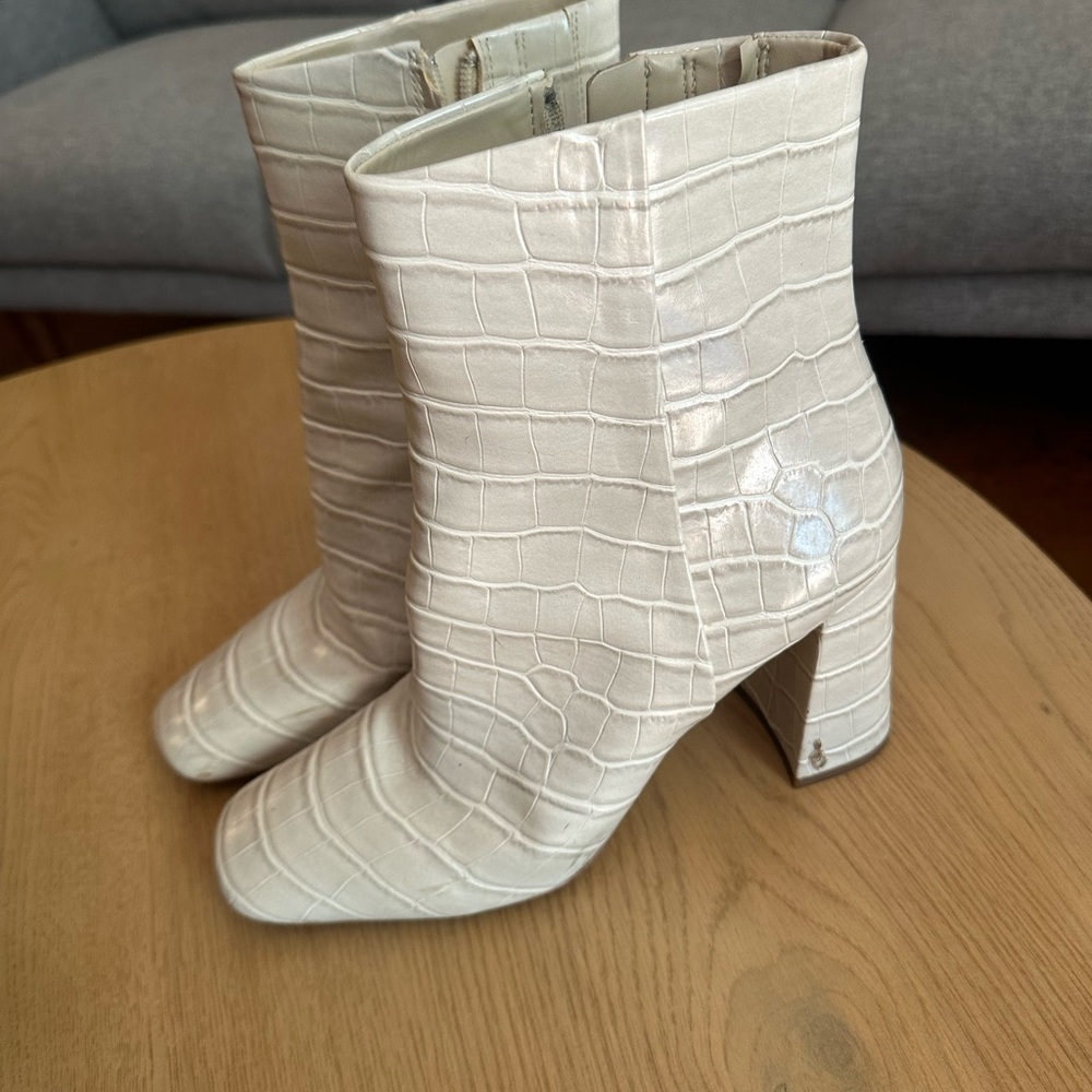 Sam Edelman Cream Croc-Embossed Ankle Booties